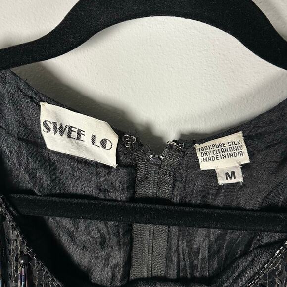 Vintage Swee Lo Black Sequins Beaded Fringe 100% Silk Blouse Women's Medium - Picture 7 of 8